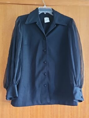 Black Button-Front Sheer Sleeve Women's Top